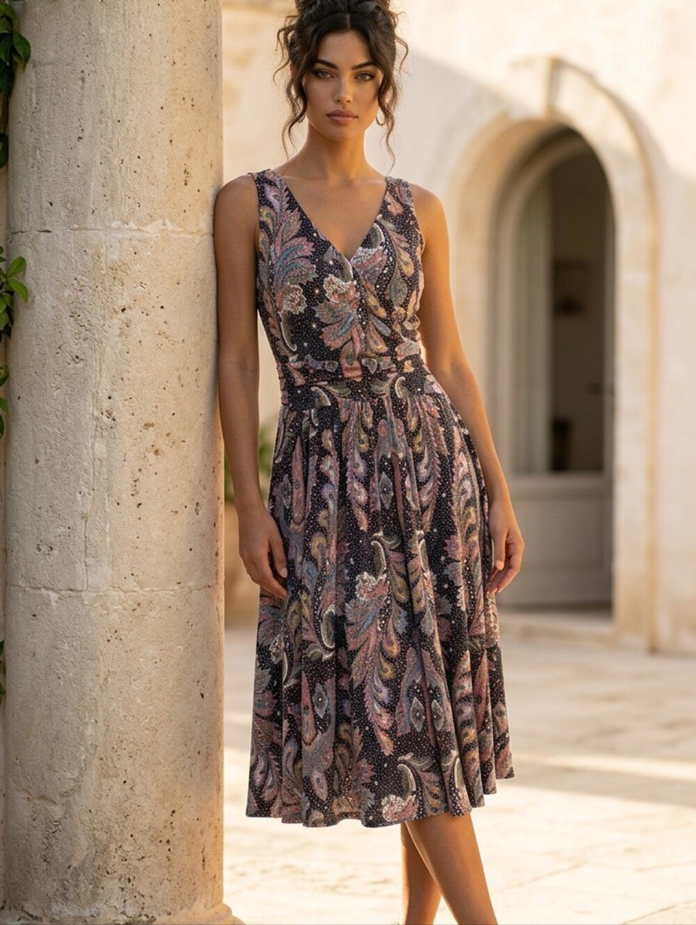 Maeve Anthropologie V‑Neck Paisley Midi Jersey Knit Dress in Gray, Pink & Purple